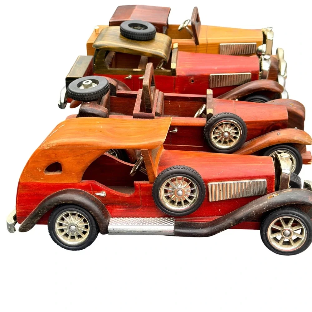 Vintage Wooden Model Car Set 4pc Antique Style Decorative Wood Toy Vehicles DIY